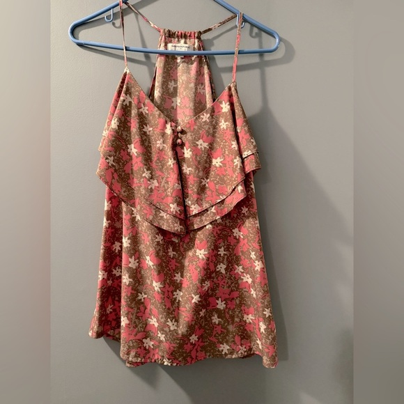 Banana Republic Spaghetti Strap Summer Ruffled Blouse Womens Sz L Tan/Pink - Picture 1 of 5